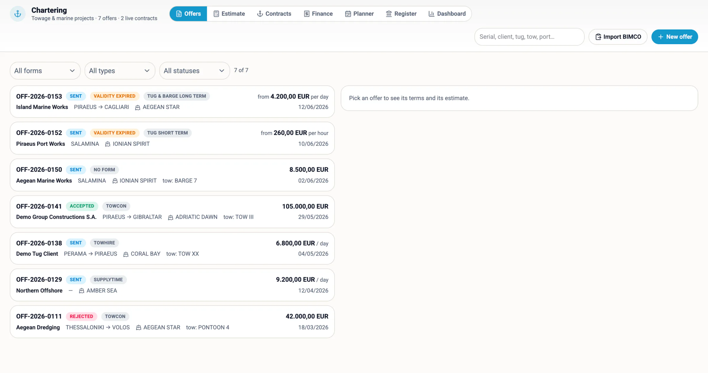 Chartering — towage and marine-project offers on the BIMCO forms, live contracts and the planner.